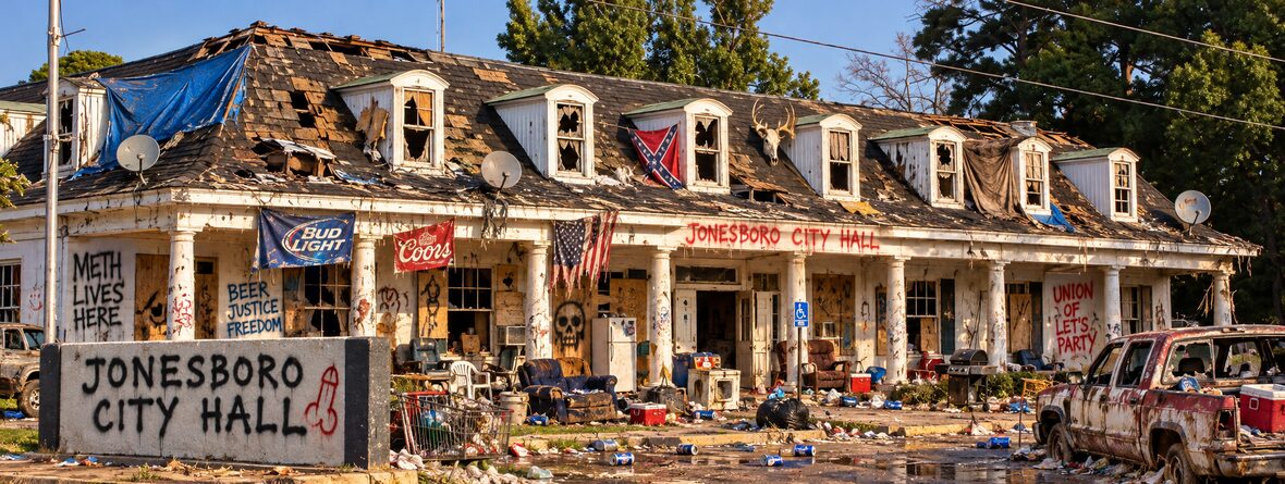 Jonesboro City Hall: a sagging, tarp-patched building covered in graffiti, with couches and litter out front
